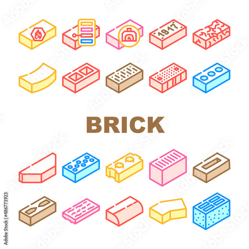Brick For Building Construction Icons Set Vector. Refractory And Defective Brick, Handmade And Facing Of Building Exterior, Old And Damaged Line. Cement And Silicate Material Color Illustrations