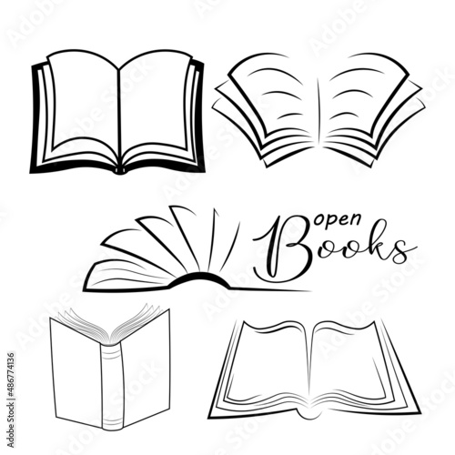 set of open book icon, black outline silhouette of open book isolated on white background. Vector illustration.