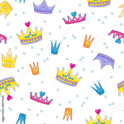Seamless pattern with cute multicolored king or princess crowns on a white background. Tiara and pearls in a funny children's style. Vector illustration for print clothes, postcards, textiles.