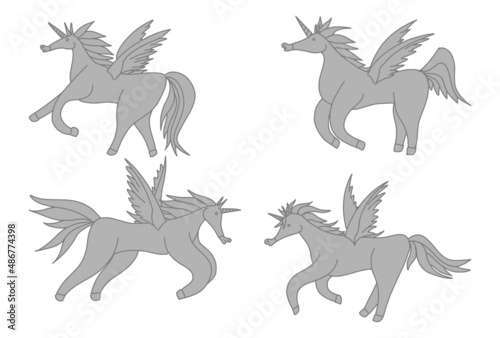 compilation unicorns mythical animals gray. sketch