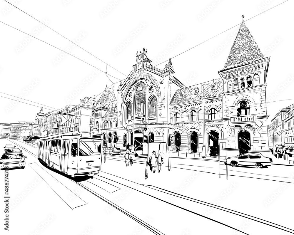 Fototapeta premium Central market. Budapest. Hungary. Europe. Hand drawn city sketch. Vector illustration. 