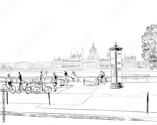 Building of the Hungarian Parliament. Budapest. Hungary. Europe. Hand drawn vector illustration.