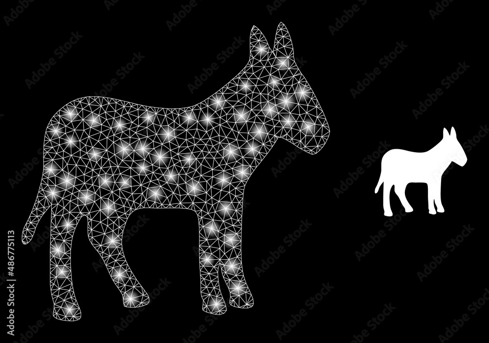 Fototapeta premium Donkey icon and glare net mesh donkey model with bright spots. Illuminated model is done from donkey vector icon and triangle mesh. Bright frame donkey, on a black background.