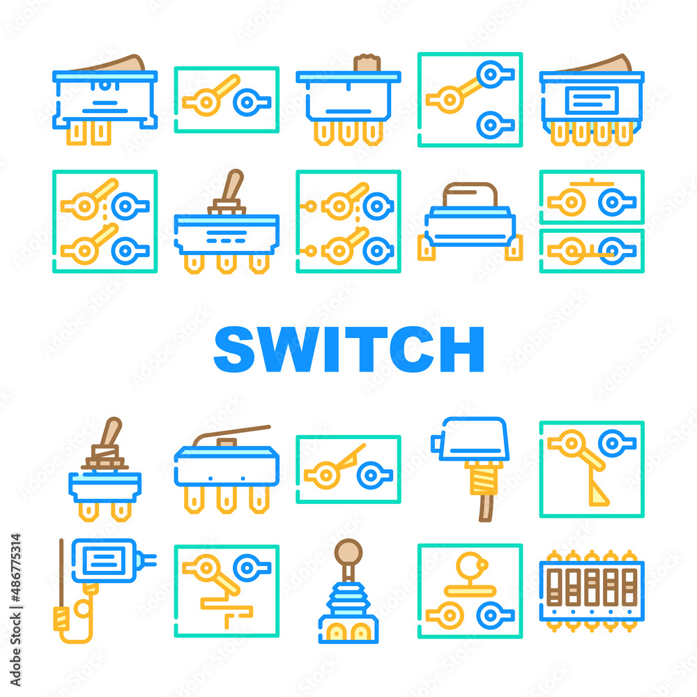 Obraz premium Switch Electricity Accessory Icons Set Vector. Double Pole Single Throw Switch And Electronic Mechanism Line. Joystick And Temperature Measuring Electrical Device Color Illustrations
