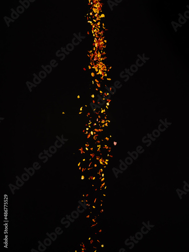 Fototapeta Naklejka Na Ścianę i Meble -  Golden colored spices in frozen flight on a black background. Abstraction. Cooking, spices, seasonings, ingredients for spicy dishes, oriental cuisine. Banner, advertising, recipes.