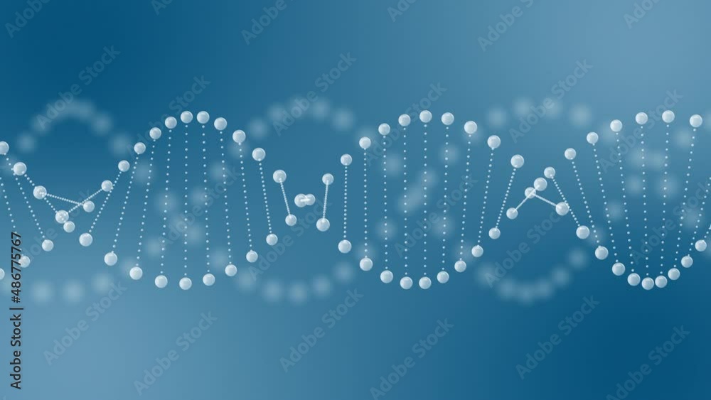 Abstract glittering DNA double helix animation - blue background. Glowing rotating 3D DNA double helix - Medical and Science concepts. Seamless loopable background.