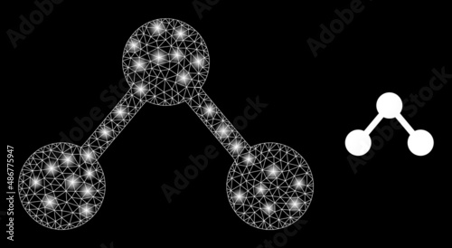 Relations icon and shiny mesh relations model with illuminated light spots. Illuminated model created from relations vector icon and triangle mesh. Glossy carcass relations, on a black background.