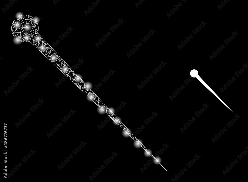 Needle icon and bright mesh needle model with glossy spots. Illuminated constellation is done from needle vector icon and triangle mesh. Illuminated frame needle, on a black background. Needle icon and bright mesh needle model with glossy spots. Illuminated constellation is done from needle vector icon and triangle mesh. Illuminated frame needle, on a black background.