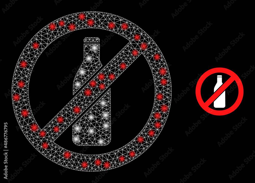 Fototapeta premium Stop beer bottle icon and constellation net mesh stop beer bottle model with bright light spots. Illuminated model generated using stop beer bottle vector icon and polygonal mesh.