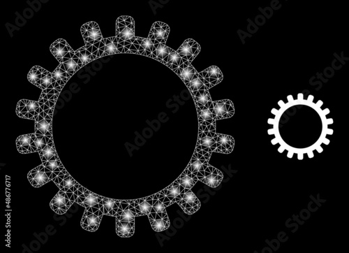Cog icon and constellation net mesh cog model with glitter light spots. Illuminated model created from cog vector icon and triangulated mesh. Illuminated carcass cog, on a black background.