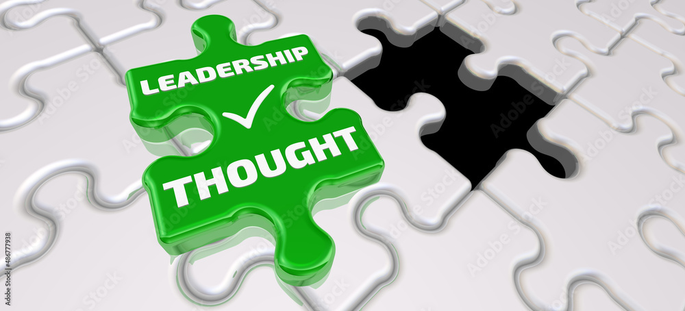 Leadership thought. Final piece of the puzzle. Folded white puzzles elements and one final green piece of the puzzle with text LEADERSHIP THOUGHT and a check mark. 3D illustration Leadership thought. Final piece of the puzzle. Folded white puzzles elements and one final green piece of the puzzle with text LEADERSHIP THOUGHT and a check mark. 3D illustration