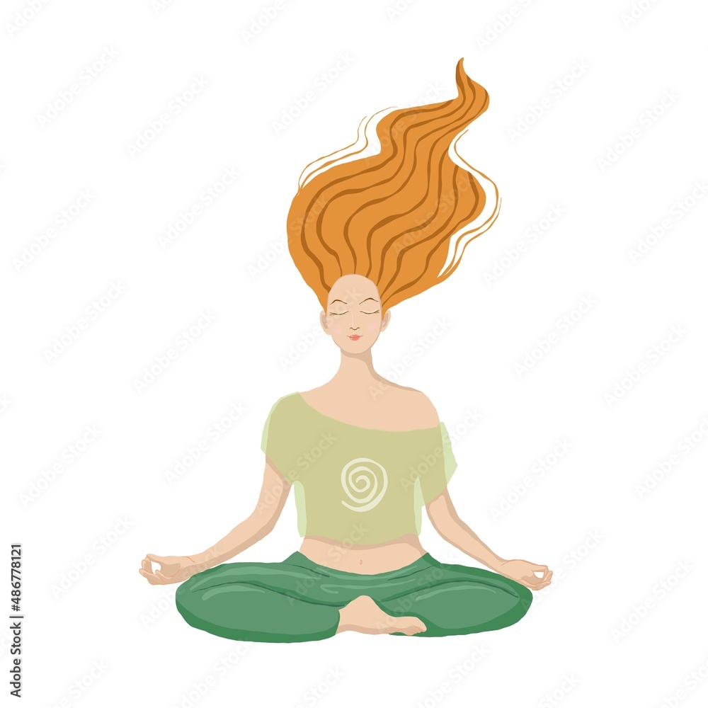 redhaired lady meditation, vector illustration, freehand clipart good for health theme, stress and relax story redhaired lady meditation, vector illustration, freehand clipart good for health theme, stress and relax story