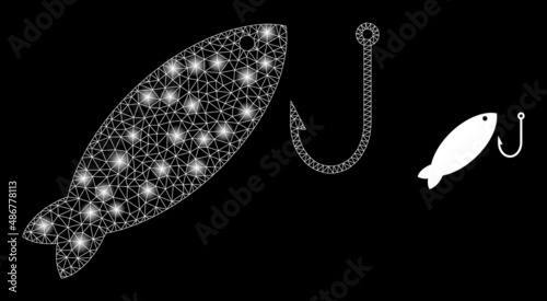 Fishing icon and bright mesh fishing structure with illuminated spots. Illuminated constellation is created using fishing vector icon and triangulated mesh. Illuminated carcass fishing,