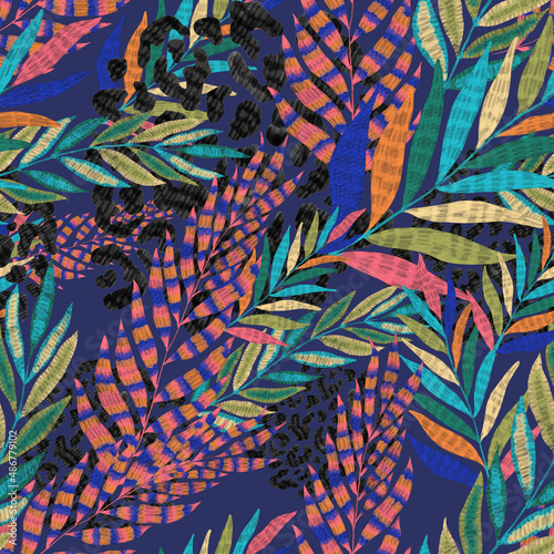 Modern abstract seamless pattern with creative colorful tropical leaves and leopard spots. Retro bright summer background. Jungle foliage illustration. Swimwear botanical design. Vintage exotic print.