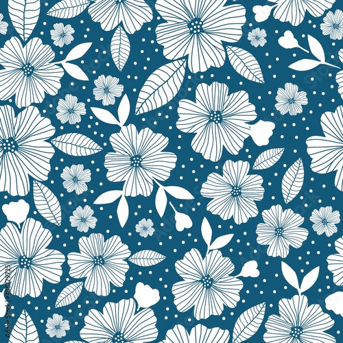 Seamless vintage pattern. White flowers, leaves and dots. Blue background. vector texture. fashionable print for textiles, wallpaper and packaging.