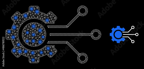 Digital sensor cog icon and constellation net mesh digital sensor cog structure with flare spots. Illuminated model created using digital sensor cog vector icon and triangulated mesh.