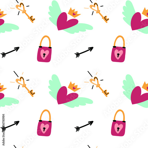 St. Valentines Day seamless pattern. Key, heart-shaped lock, heart with wings, arrows.Doodle style