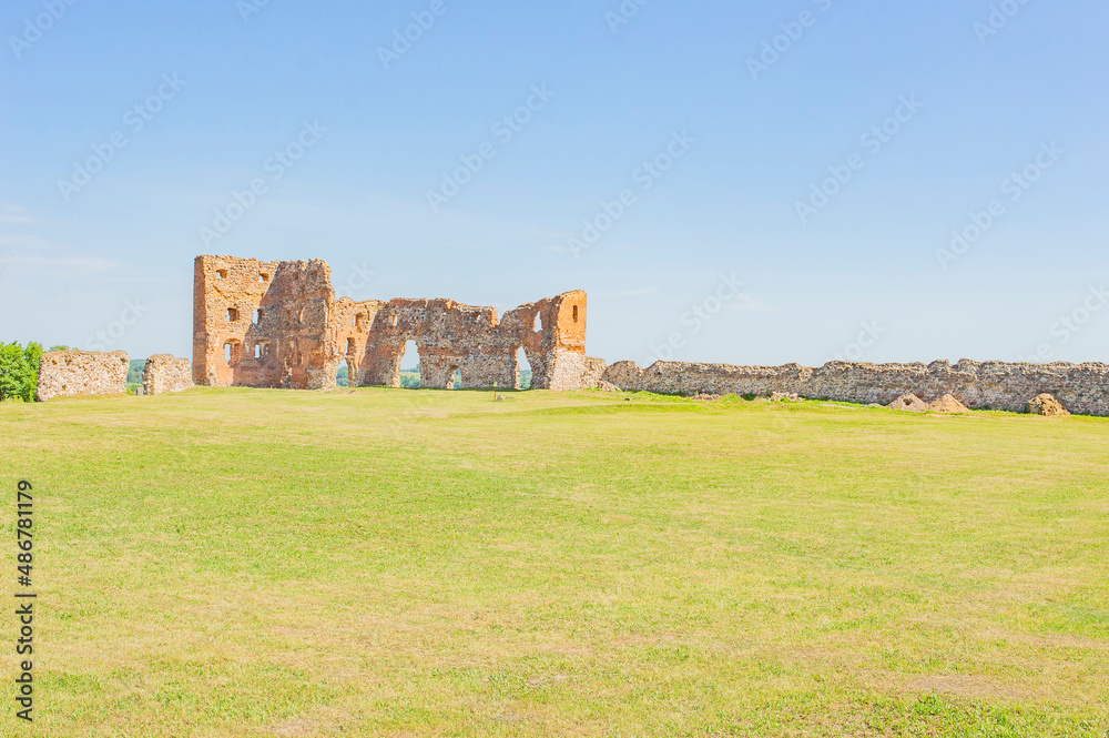 Ruines of the medieval Luzen castle, built by the Livonian knight order, in nowadays Ludza, Latgalia, Latvia. Red brick walls, blue sky, green grass Ruines of the medieval Luzen castle, built by the Livonian knight order, in nowadays Ludza, Latgalia, Latvia. Red brick walls, blue sky, green grass