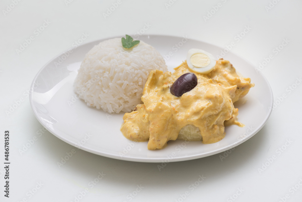 Peruvian food: Aji de Gallina, treditional recipe with chicken meat and pepper sauce.