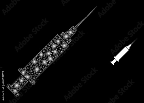 Syringe icon and bright mesh net syringe structure with illuminated light spots. Illuminated model is generated using syringe vector icon and triangle mesh. Sparkle carcass syringe,