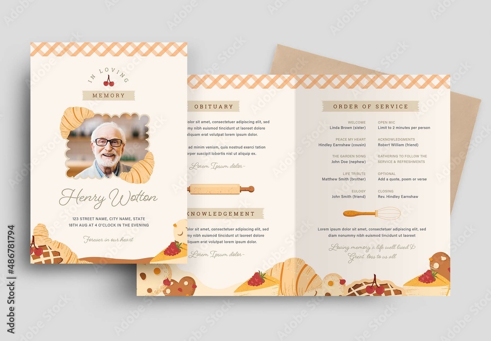 Bakery Baker Funeral Program Obituary Memorial Service Layout Stock