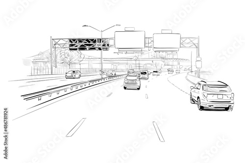 Motorway with cars template design sketch. Hand drawn vector illustration. 