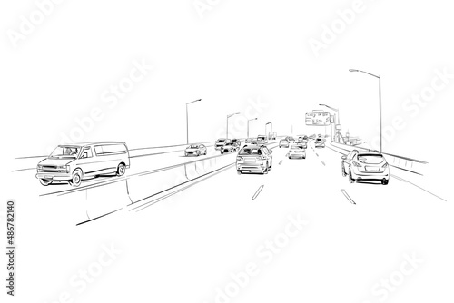 Motorway with cars template design sketch. Hand drawn vector illustration.