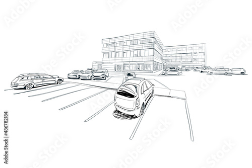 Building layout hand drawn sketch design template. Hospital, store, supermarket, car showroom, school. business center. shopping mall. 