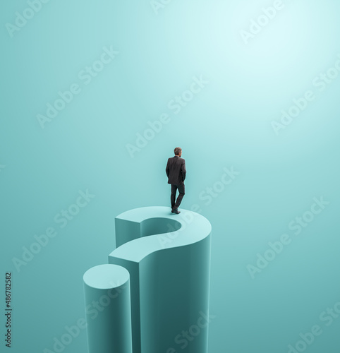 Business decision concept with businessman visionary standing on giant question mark. Symbol of business vision, objective, challenge, opportunity. Photorealistic 3D rendering.