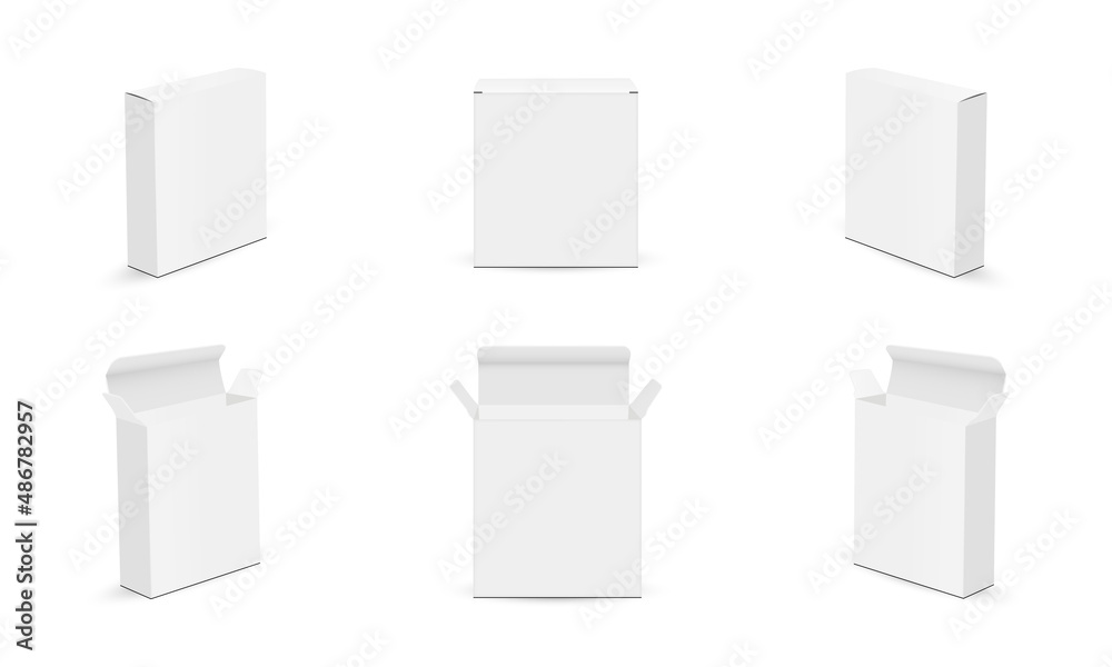 Rectangular Boxes Mockups, Opened, Closed, Various Views, Isolated on White Background. Vector Illustration Rectangular Boxes Mockups, Opened, Closed, Various Views, Isolated on White Background. Vector Illustration