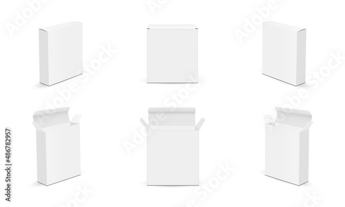 Rectangular Boxes Mockups, Opened, Closed, Various Views, Isolated on White Background. Vector Illustration