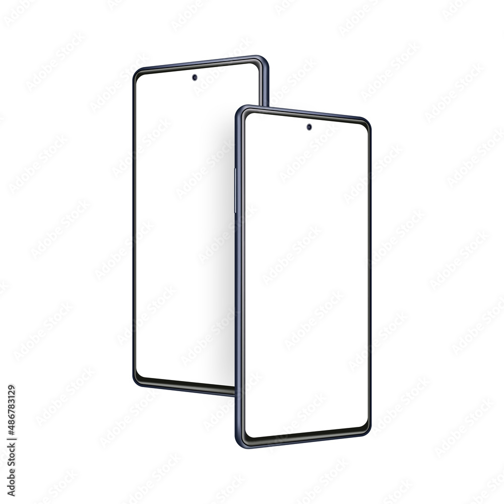Frameless Phones Mockups with Blank Screens, Isolated on White Background, Side Perspective View. Vector Illustration Frameless Phones Mockups with Blank Screens, Isolated on White Background, Side Perspective View. Vector Illustration
