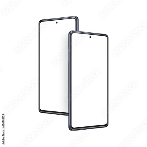 Frameless Phones Mockups with Blank Screens, Isolated on White Background, Side Perspective View. Vector Illustration