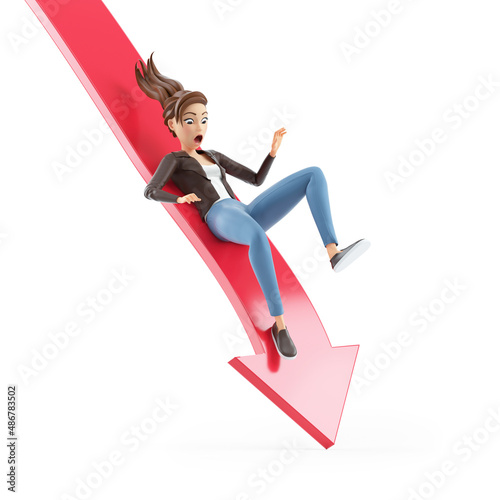 Foto 3d cartoon woman falling off downward arrow