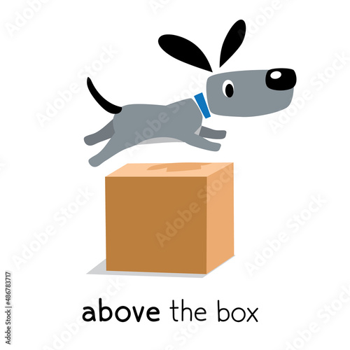 Preposition of place. Dog above the box
