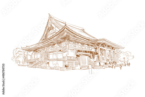 Tokyo. Buddhist temple. Japan. Hand drawn sketch. Vector illustration.