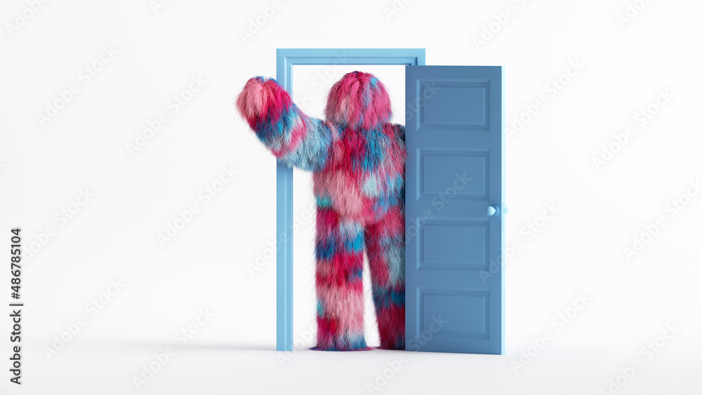 3d render, funny hairy monster with hand up, stands inside the doorway, in the empty room. Modern minimal cartoon character concept - obrazy, fototapety, plakaty 
