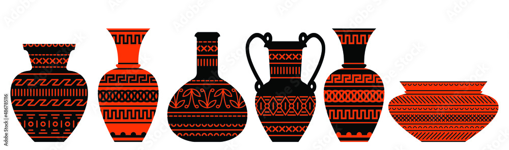 Vector illustration - a set of Greek vases of various traditional forms of orange-black color isolated with geometric ornament. Concept travel and souvenirs