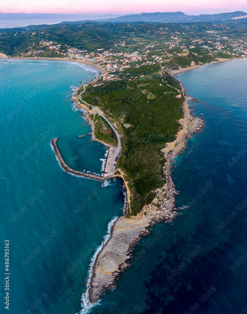 Aerial drone view of arillas and agios stefanos beach in north corfu greece
