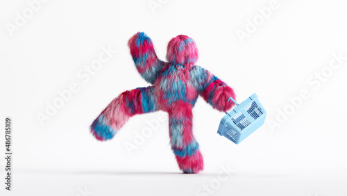 3d render, colorful hairy Yeti cartoon character goes shopping. Funny furry toy holds empty shopping basket. Commerce clip art isolated on white background