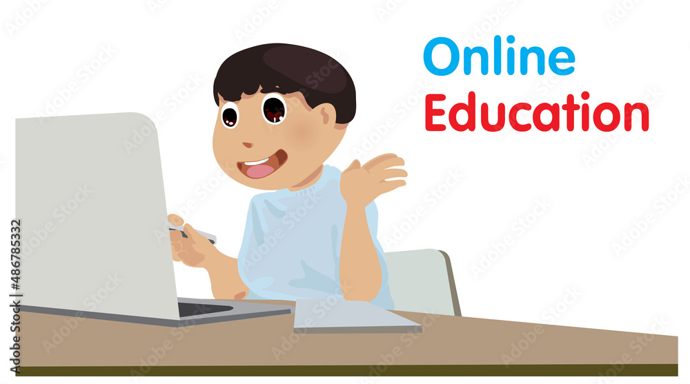 Online learning template with boy studying with computer