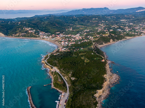 Aerial drone view of arillas and agios stefanos beach in north corfu greece
