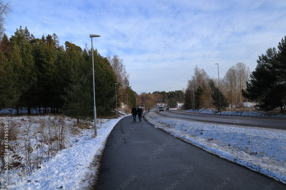 Road made for walking. Snow during the winter. Stockholm, Sweden, Europe. Road made for walking. Snow during the winter. Stockholm, Sweden, Europe.