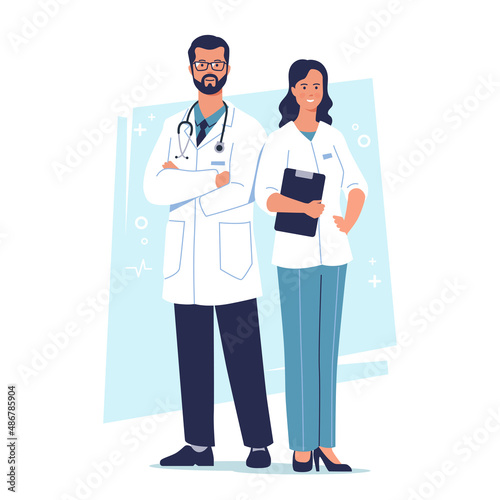 Two young doctors with stethoscope and tablet isolated on blue background. Young medical workers, man and woman. Team of medical interns. Vector illustration. © alexandertrou