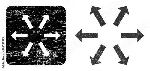 Vector radial arrows carved icon. Grunge radial arrows stamp, done from icon and rounded square. Rounded square stamp have radial arrows hole inside. Vector radial arrows grunge images.