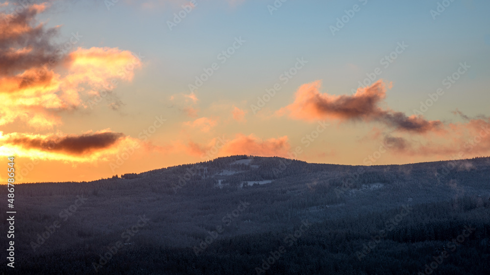 Picturesque winter sunrise from Krzyżna Mountain in the Sokole Mountains