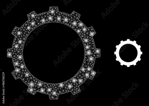 Gear icon and shiny mesh net gear model with glossy light spots. Illuminated model generated from gear vector icon and triangle mesh. Glossy carcass gear, on a black background.