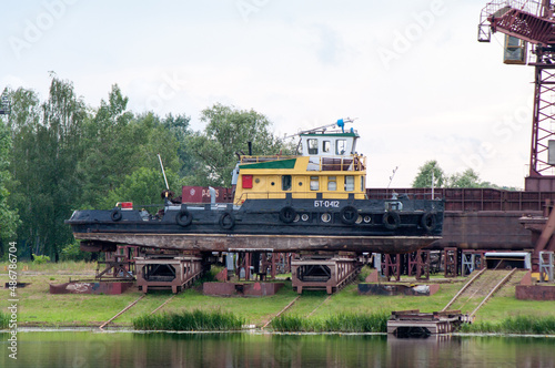 Pusher tug "BT-0412" on the slipway of the Pinsk Shipbuilding Plant, Pinsk, Brest region, Belarus, June 15, 2014