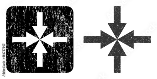 Vector compress arrows stencil icon. Grunge compress arrows seal stamp, done with icon and rounded square. Rounded square seal have compress arrows cut out shape inside.