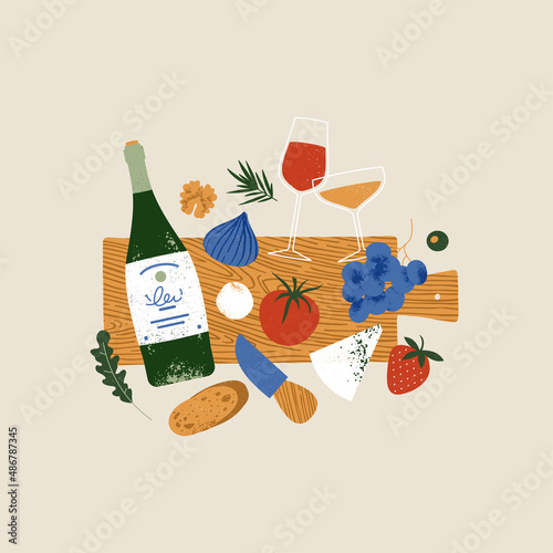 Antipasti wine snacks board. Bottle of wine and glasses. Various food collection. Vector illustration